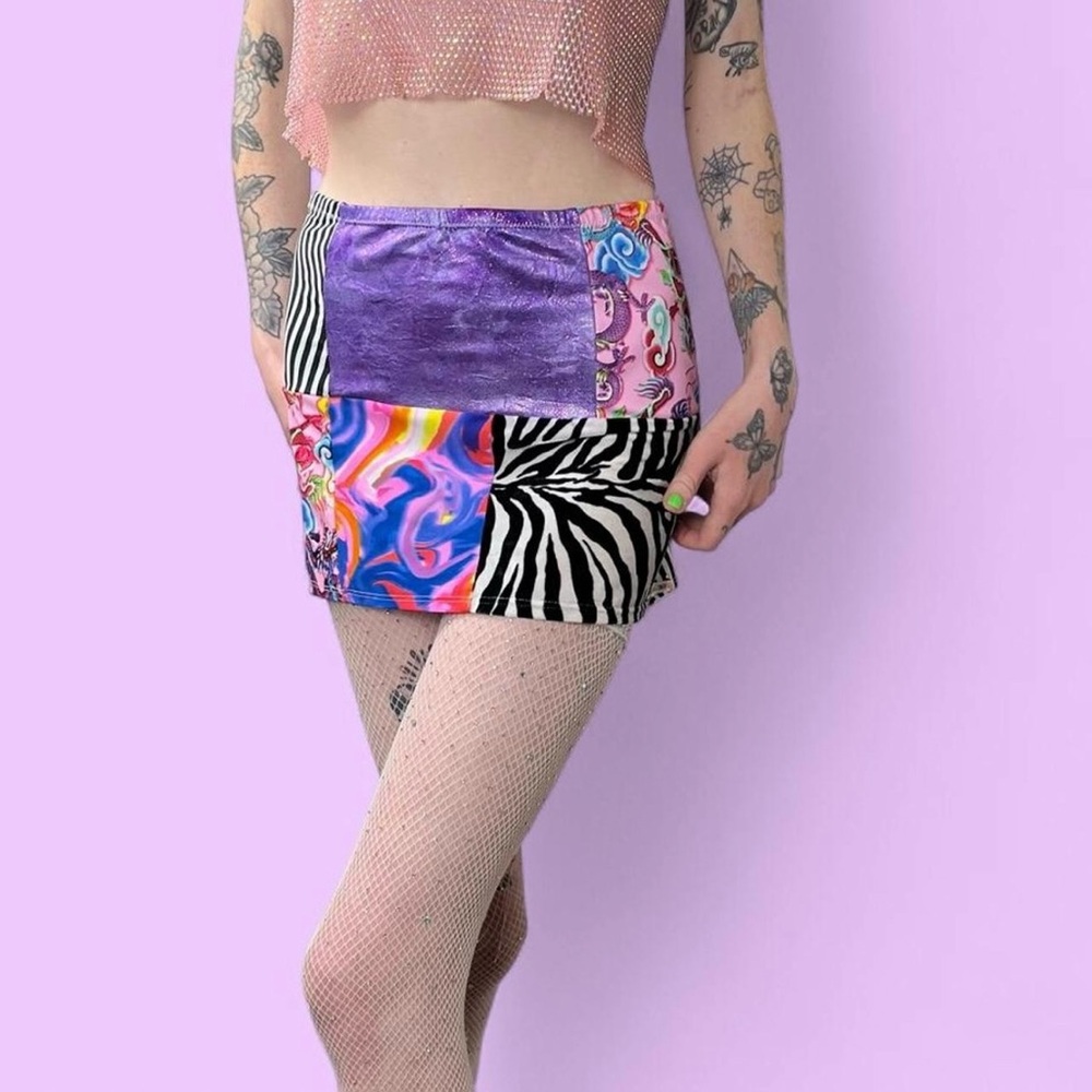 Rheabfunky Patchwork Handmade Multi Print Pastel Body Con Micro Mini Skirt